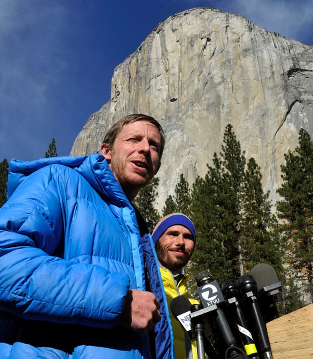 Caldwell and Jorgeson with El Capitan in the background after they completed 19 days of free-climbing.